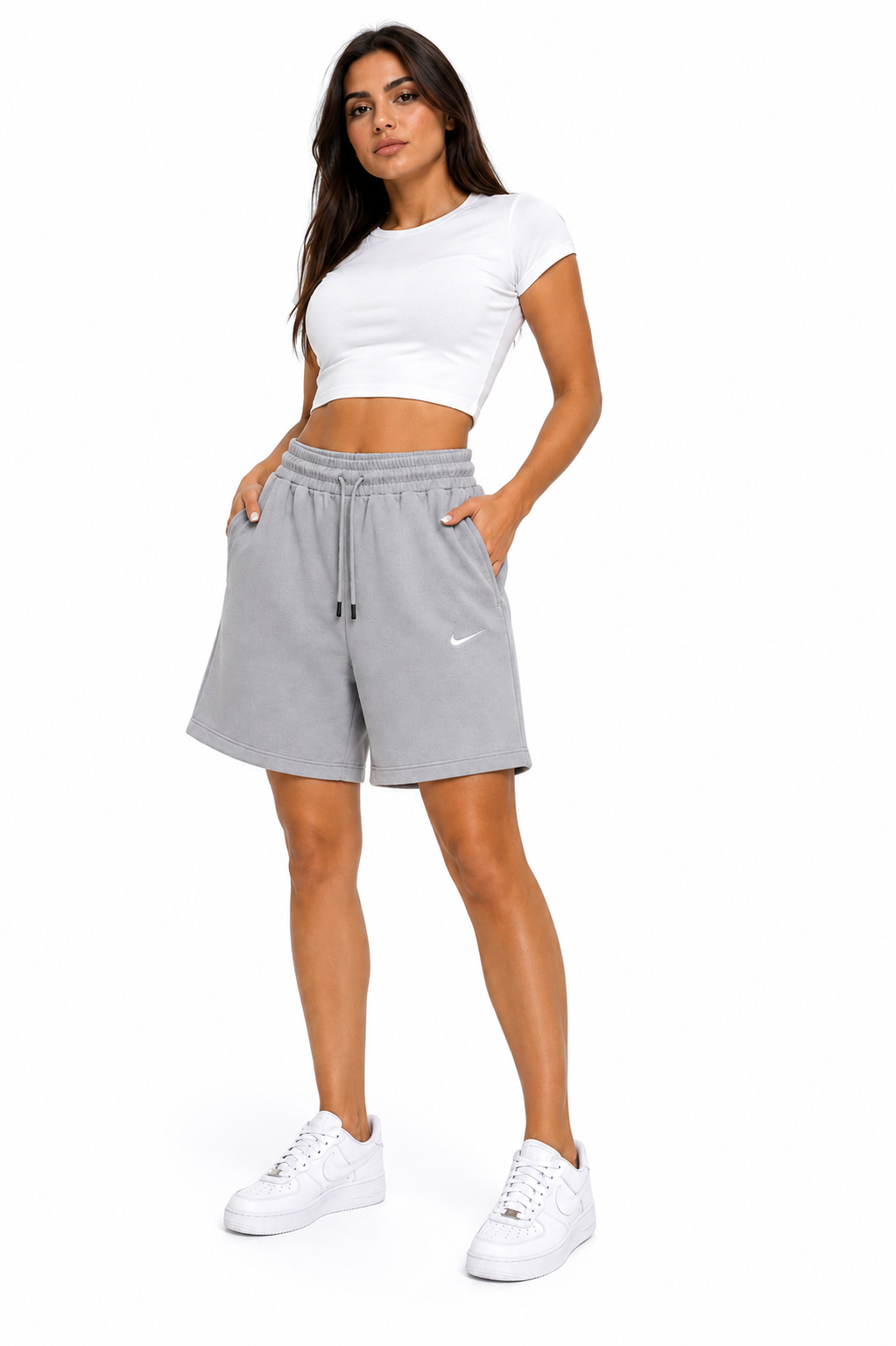 Pantaloni Scurți Nike  Damă Gri – Logo Brodat – Bumbac
