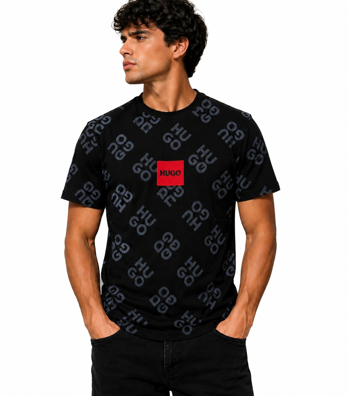 Tricou Hugo negru cu imprimeu integral și logo aplicat