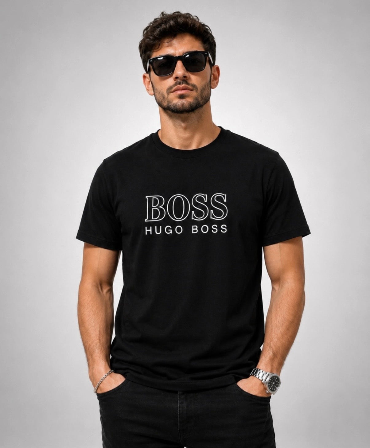 Boss Tricou Negru Logo Alb