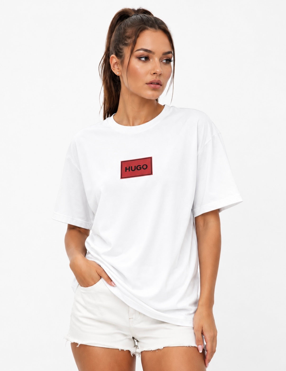 HUGO Tricou Alb Logo Roșu