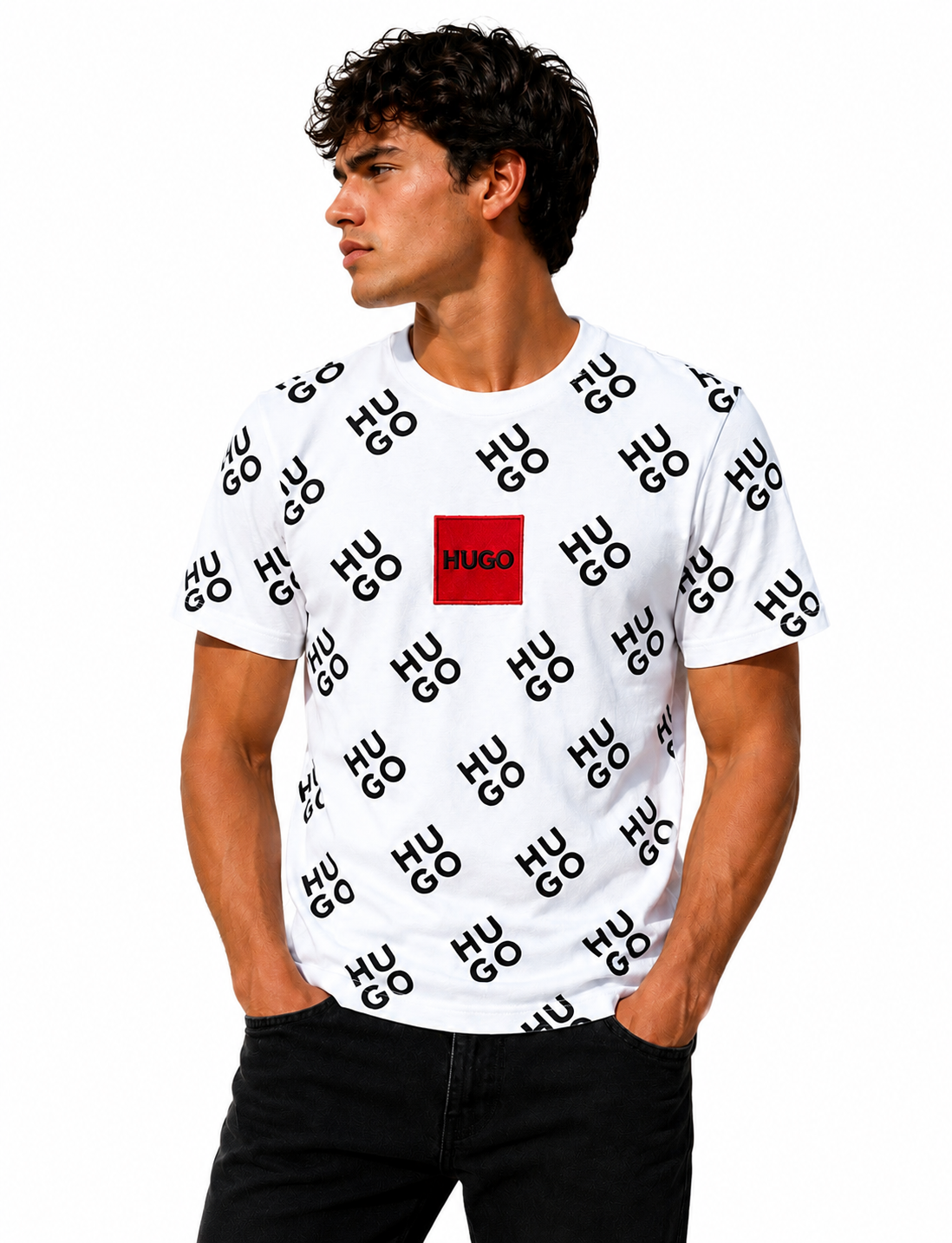 Tricou Hugo alb cu imprimeu integral și logo aplicat