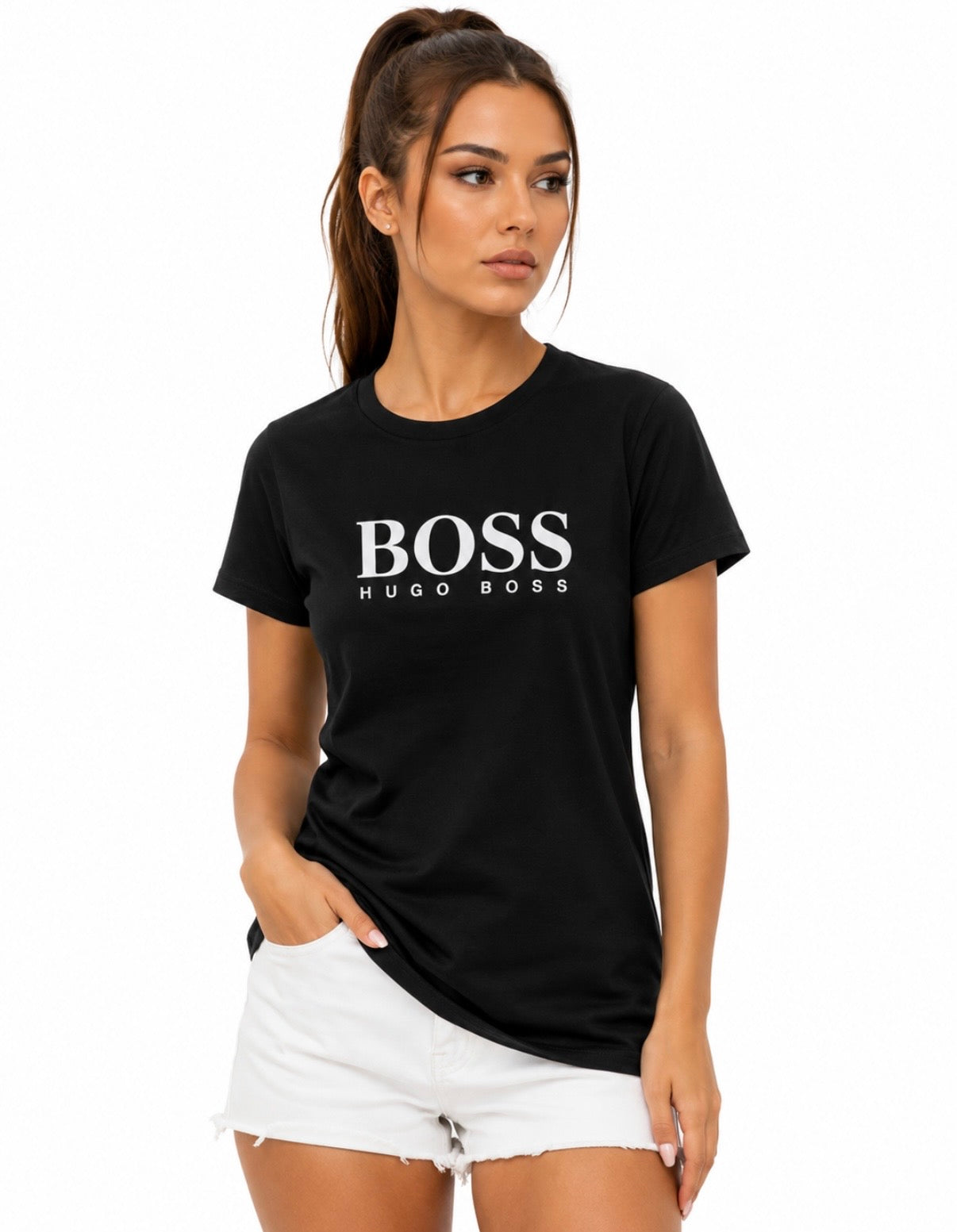 BOSS Tricou Negru Logo Alb