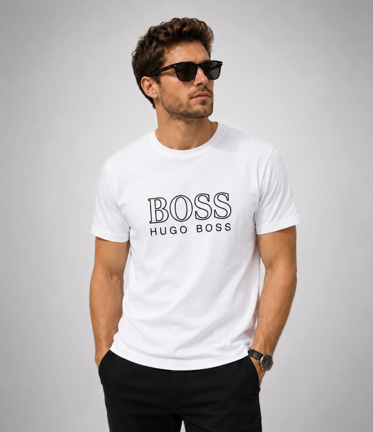 Boss Tricou Alb Logo Negru